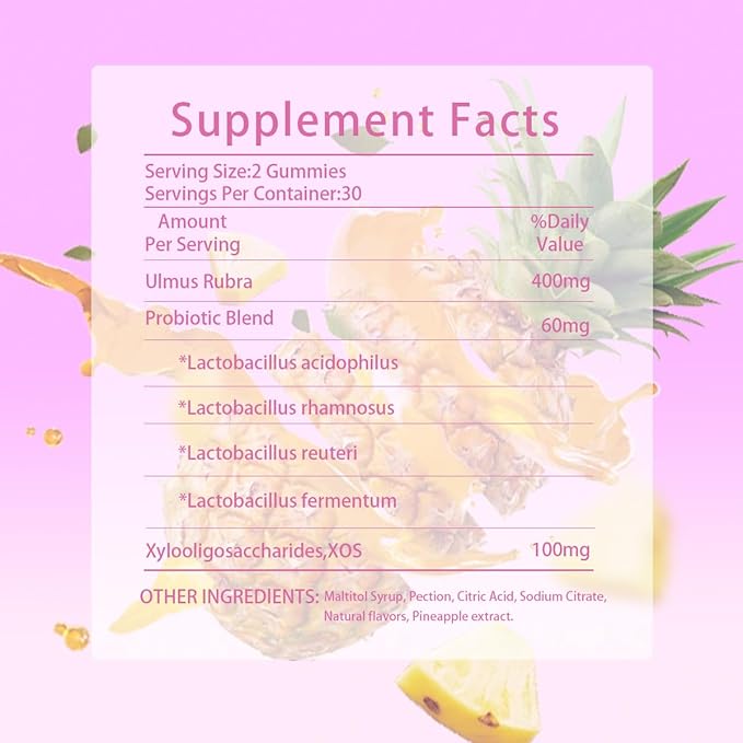 Juicy Feminine Probiotic Gummies for Women, Pineapple Flavor, pH Balance and Gut Health Support, with Slippery Elm, Vegan