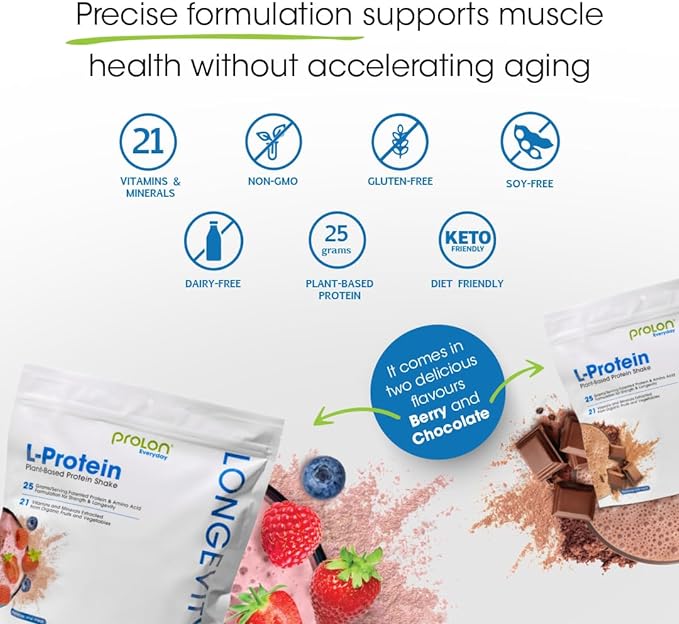 Prolon Longevity Plant Based Protein Powder | Muscle Synthesis & Repair, Healthy Aging, Boost Performance | Vitamins, Gluten Free, Amino Acids | 25g of Protein | Chocolate and Berry, 24 Packets