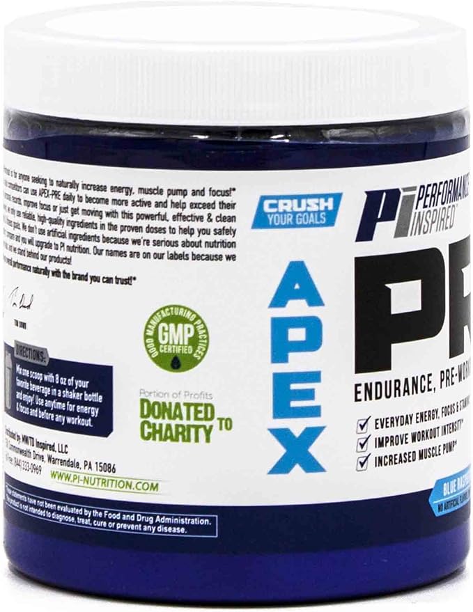 PERFORMANCE INSPIRED Nutrition - APEX Pre Workout Powder - Increase Energy & Endurance - Caffeine - Beta Alanine - All Natural - Vegan Formula - Blue Raspberry