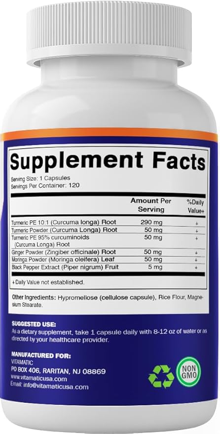 Vitamatic Turmeric Curcumin Supplement (10:1 Equivalent 3000 mg Per Serving, Made with 95% Curcuminoids, Black Pepper, Ginger, Moringa) 120 Vegetable Capsules, Non-GMO, Gluten Free (120 Capsules)