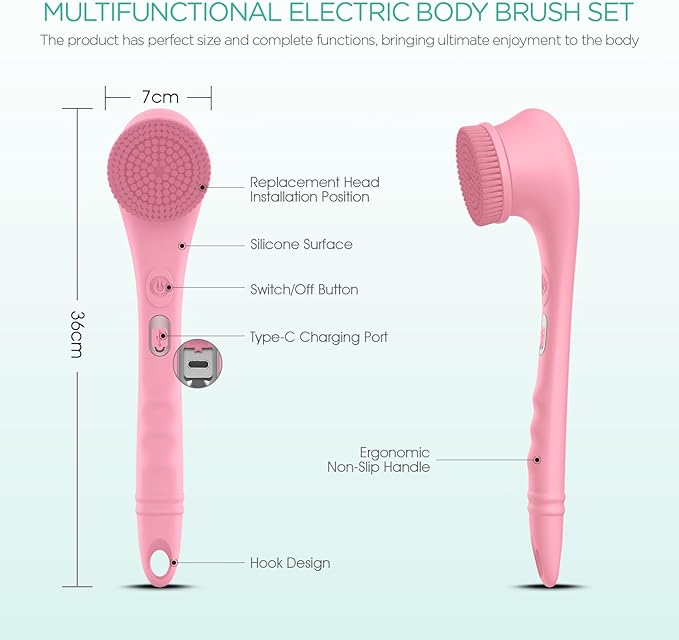 VOYOR Electric Body Brush Back Scrubber Silicone Body Scrubber Two-Way Rotating Brush Head for Deep Cleaning, Exfoliation, 4 Attachments Long Handle IPX6 Rechargeable Shower Brush BC300 (Pink)
