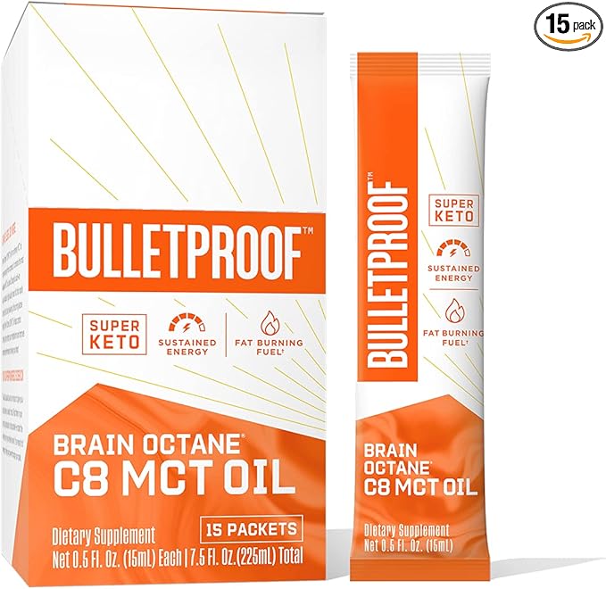 Bulletproof Brain Octane C8 MCT Oil Packets, Pack of 15, Keto Supplement for Sustained Energy