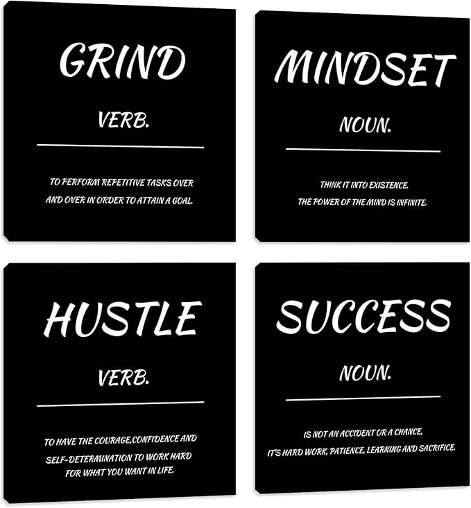 Motivational Office Wall Decor Inspirational Mindset Canvas Wall Art 4 Pieces Hustle Posters Prints Success Wall Paintings Picture Artwork Home Bedroom Living Room Decorations 20"x20"x4pcs