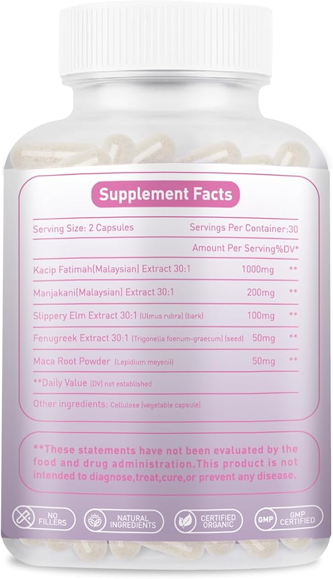 Vaginal Moisturizer Capsules Kacip Fatimah 1000mg, Manjakni 200mg & Slippery Elm Synergize to Moisturize, Tighten, Ease Vaginal Dryness, Maintain Elasticity & pH Balance. Vegan, 60 Capsules (1)