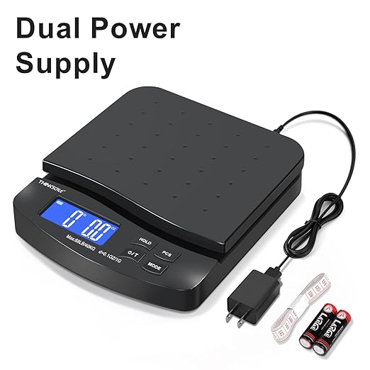 THINKSCALE 88lb Shipping Scale, 0.1oz Precision, Digital Postal Scale with Large LCD, Hold/Tare/Piece Counting, 5 Units, Dual Power (Battery/AC), Black