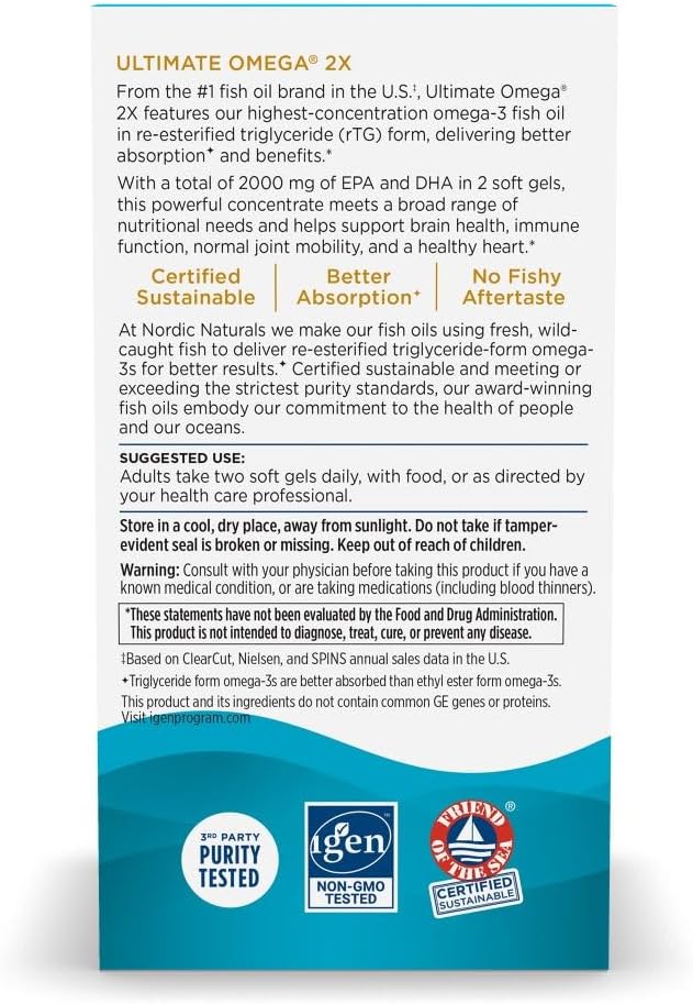 Nordic Naturals Ultimate Omega 2X, Lemon Flavor - 60 Soft Gels - 2150 mg Omega-3 - High-Potency Fish Oil with EPA & DHA - Promotes Brain & Heart Health - Non-GMO - 30 Servings
