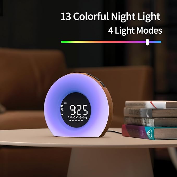 Wake Up Light Sunrise Alarm Clock for Bedroom Sunrise Sunset Simulation 23 Natural Sounds 13 Colors Night Light Dual Alarms and Snooze Sleep Aid for Heavy Sleepers Kids Adults (Wood Grain)