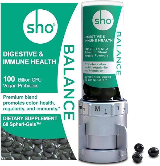 SHO Balance 100 Billion CFU Prebiotics & Probiotics for Digestive Health, Gut Health Vegan Supplement for Women & Men, Lactobacillus Casei, Shelf Stable 60 Softgels with Dispenser