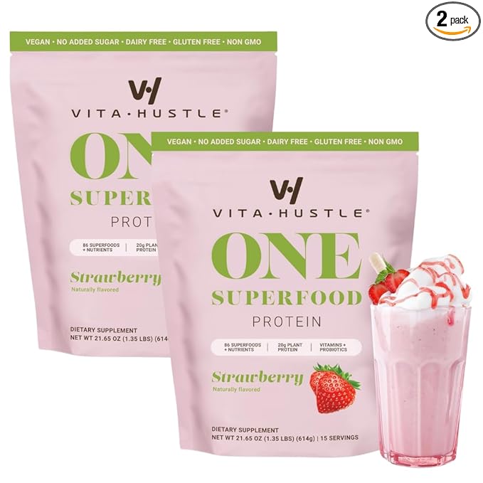 VitaHustle ONE Meal Replacement Shake - Plant Based Protein Powder by Kevin Hart - Vegan, Meal Replacement Powder with Superfoods, Vitamins, Adaptogens & Probiotics - Strawberry Flavor, 30 Servings