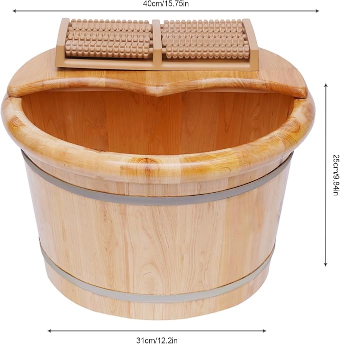 Wooden Foot Bath Bucket Foot Soaking Bath Basin with Lid Wood Footbath Barrel with Massage Roller Pedicure Barrel for Spa, Massage, Sauna 12.2 * 9.84in (Log Color)