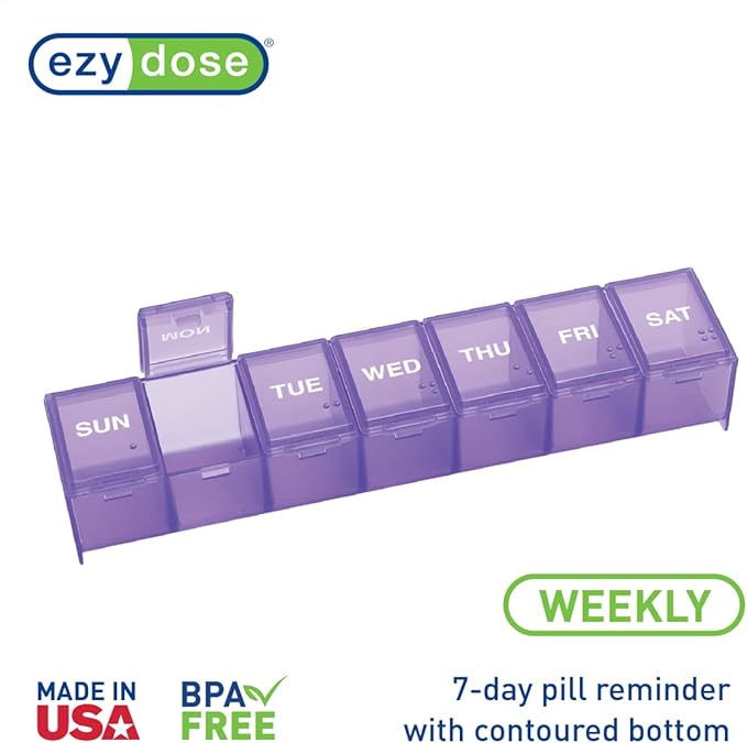 Ezy Dose Weekly (7-Day) Pill Organizer, Vitamin Case, and Medicine Box, Medium Compartments, Color May Vary, Made in the USA