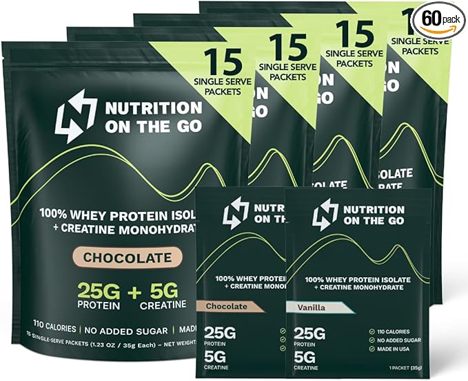 Travel Whey Protein Isolate Packets – Single-Serve Protein Powder – 25g Proteins + 5g Creatine - Variety Pack (Vanilla & Chocolate) (60-Pack)