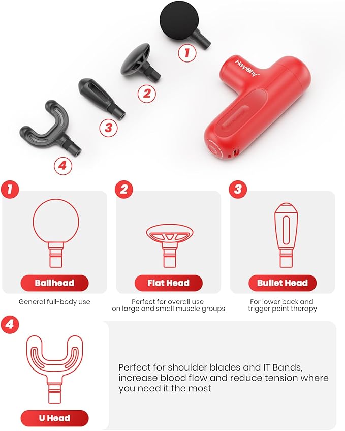 Super Mini Massage Gun Deep Tissue with 5 Speeds, Small Travel Size Percussion Muscle Massager for Pain Relief with 4 Attachments, Handheld Portable Massager Gun for Man & Women, Red