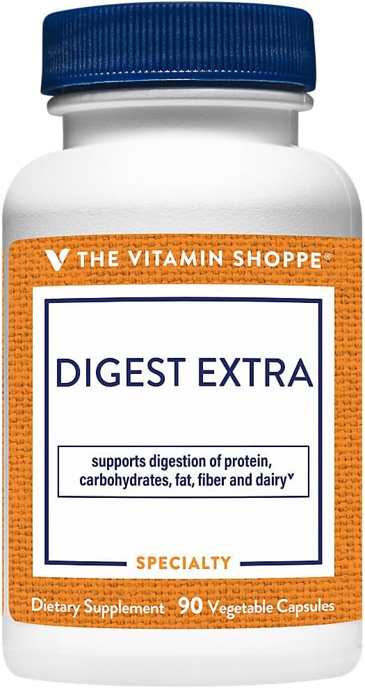 The Vitamin Shoppe Digest Extra - Digestive Enzymes for Fats, Carbohydrates and Protein Including a Digestive Aid for Gluten and Dairy - Supports Nutrient Absorption (90 Vegetable Capsules)