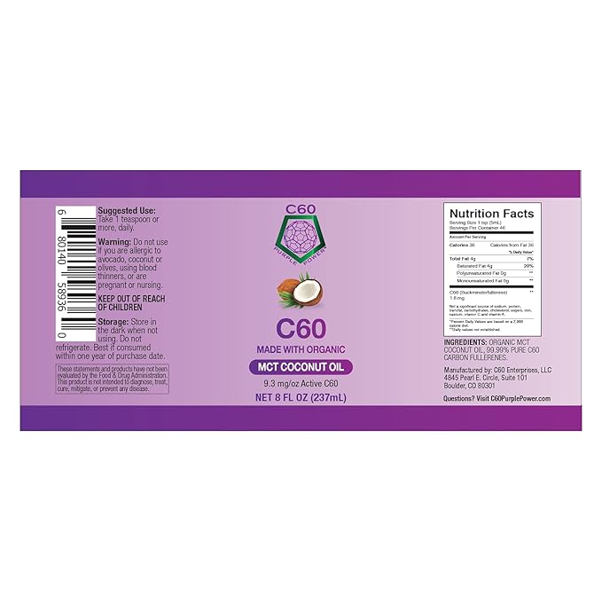 C60 Power - MCT 8-oz.- Organic MCT Coconut Oil, 8 Fl Oz, 99.99% Pure Carbon Fullerenes, Lift Oxidative Burden, Optimize Mitochondrial Function