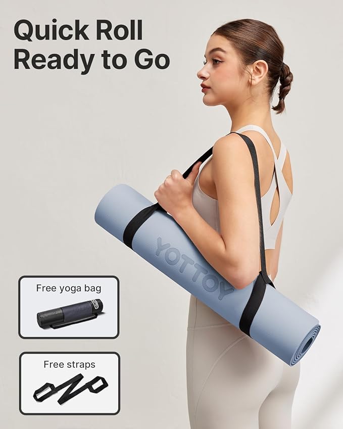 Yoga Mat,Non-Slip TPE Exercise Mat(1/4 Inch) for Pilates, Fitness & Barefoot Workouts, Home Gym Studio with Strap & Bag