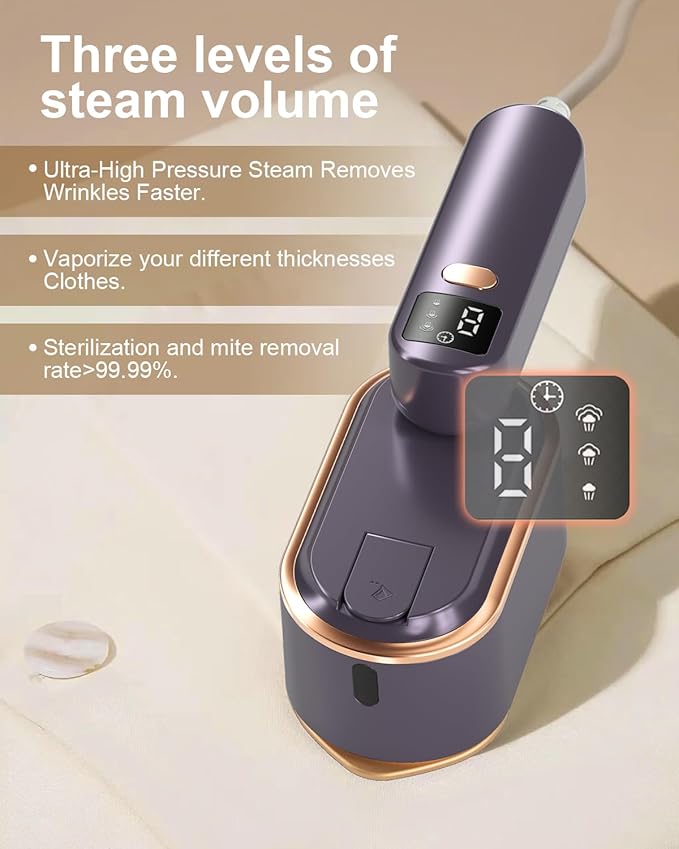 Travel Steamer Iron for Clothes - 1200W Handheld Size Portable Travel Steamer, 3 Steam Levels Clothes Steamer with LCD Screen, 10S Fast Heat-up Steamer for Dress Shirt Home Travel (Gray Purple)