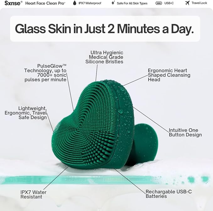 Heart Face Clean Pro⁺ Electric Facial Cleansing Brush - Silicone Facial Scrubber for Acne - IPX7 Waterproof, Rechargeable Exfoliator with Slip-Free Grip & 3 Speed Settings - Phthalate-Free - Cherry