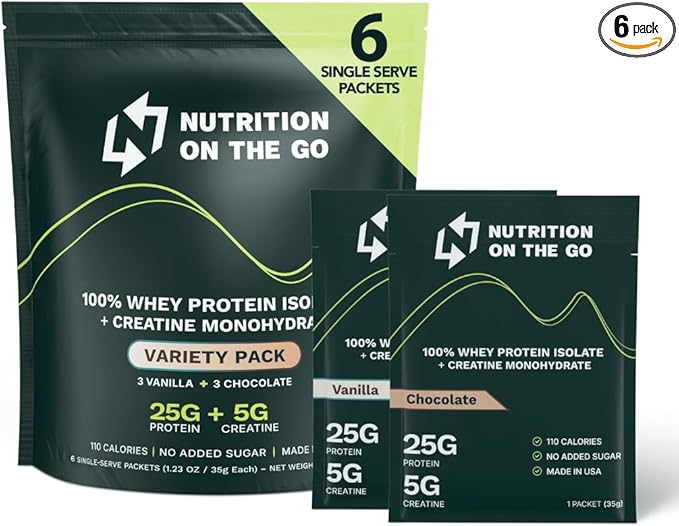 Travel Whey Protein Isolate Packets – Single-Serve Protein Powder – 25g Proteins + 5g Creatine - Variety Pack (Vanilla & Chocolate) (6-Pack)
