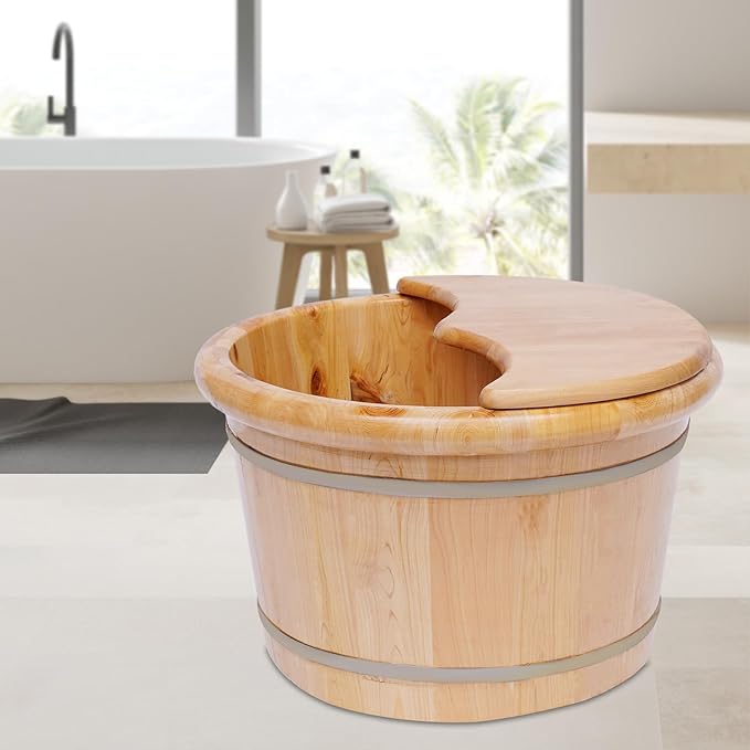 Eapmic Wooden Foot Bath Bucket with Massage Rollers and Lid, Feet Massage Barrel, Solid Wood Round Foot Soak Tub, Home Sauna Feet Basin, Pedicure Barrel for Spa, Massage, Sauna (E)