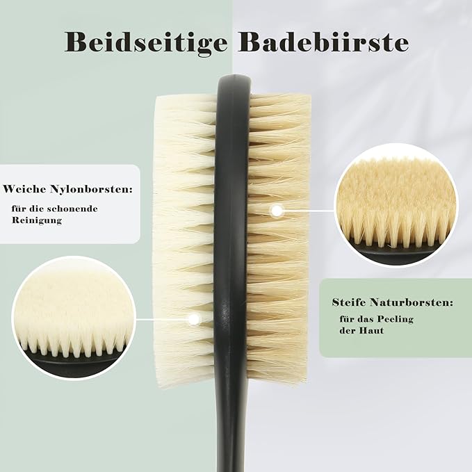 17 Inch Anti-Slip Long Handle Back Scrubber for Shower, Dual-Sided Shower Brush with Soft and Stiff Bristles, Shower Back Scrubber for Wet or Dry Brushing (Black)