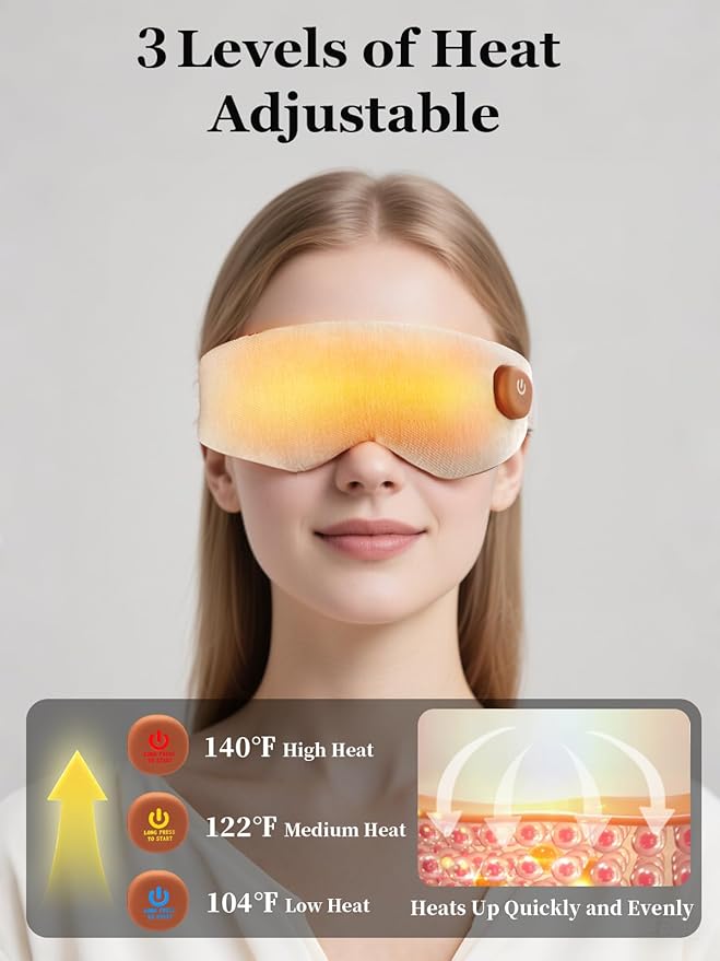 Cordless Heated Eye Mask, Warm Eye Compress for Dry Eyes, Light Blocking Heat Eye Mask for Women Men, Washable Eye Heating Pad for Travel, Dry Eyes, Blepharitis, Sinus Migraine (Beige White)