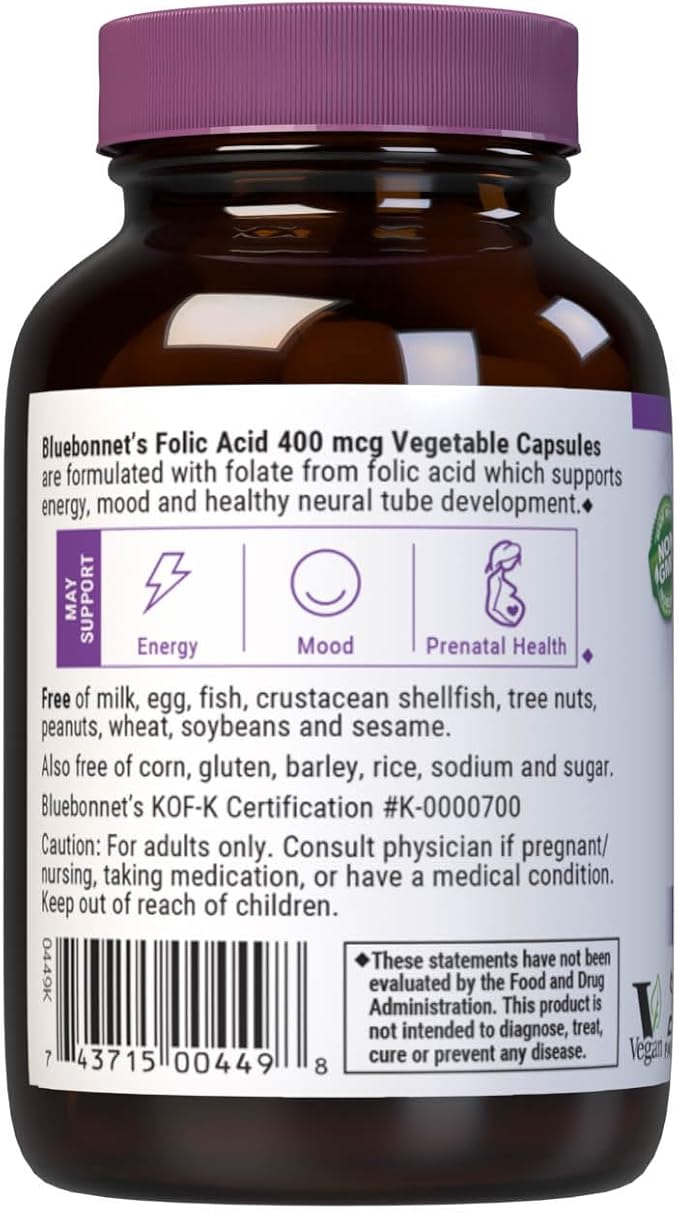 Bluebonnet Nutrition Folic Acid 400 mcg, Prenatal & Postnatal Health*, Non-GMO, Vegan, Kosher Certified, Gluten-Free, Soy-Free, Dairy-Free, 90 Vegetable Capsules, 90 Servings
