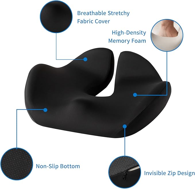 2025 Upgraded XL Memory Foam Tailbone Seat Cushion – Ergonomic Coccyx & Sciatica Support Pillow for Car & Office Chair– Back & Hip Pain Relief – Non-Slip, Comfortable. (Black)