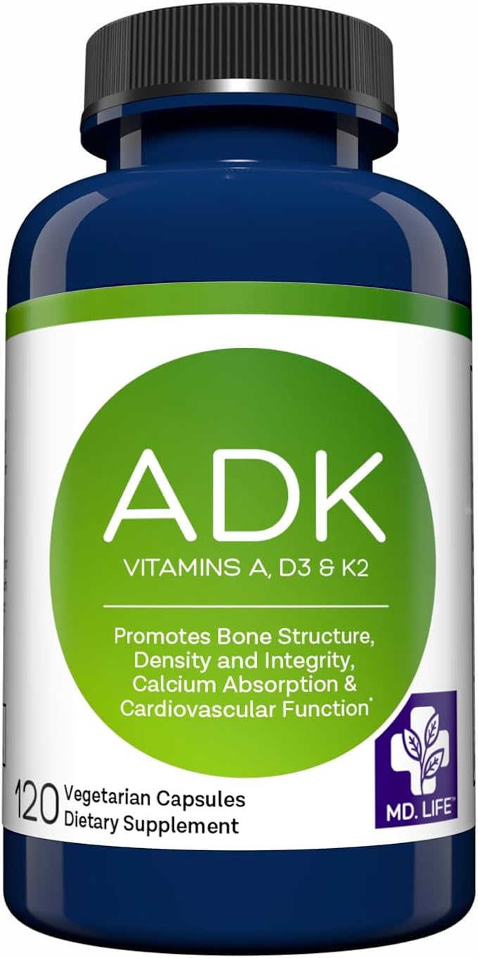 MD Life ADK Vitamin Supplement With Vitamin D3, K2 & A - 90 Capsules - Supports Bone & Heart Health - High Potency ADK Complex