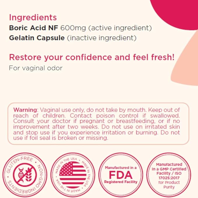 BoriCap - Boric Acid Suppositories for Women - 600 mg - Vaginal Health & Balance, Itch & Odor - Natural Relief - Feminine Care - Feminine Hygiene Products - Made in USA by Heale - 60 Capsules