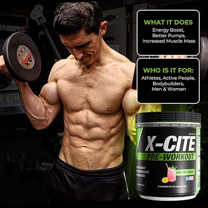 X-CITE Pre-Workout by ATHLEAN-X - Enhanced Formula with Beta-Alanine, Creatine & Caffeine for Energy, Endurance, Focus & Muscle Pump, NSF Certified for Sports (22 Servings, Sunny Pink Lemonade)