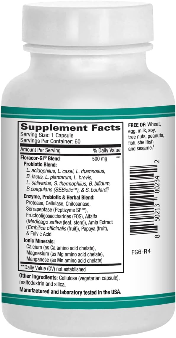 Floracor - Supports Gut & Intestinal Health - Premium Probiotic, Prebiotic and Enzyme Formula - 60 Vegetarian Capsules