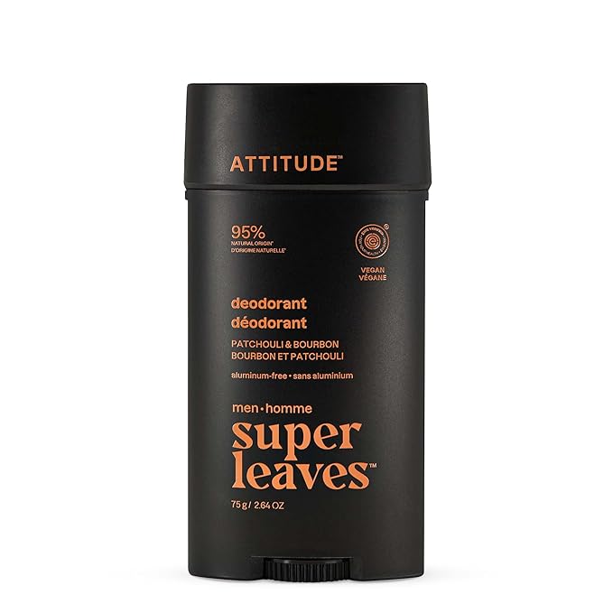 ATTITUDE Aluminum-Free Deodorant for Men, 95% Natural Origin Ingredients, EWG Verified, Plant Based Odor Control, With Baking Soda, Patchouli & Bourbon, 2.64 Oz