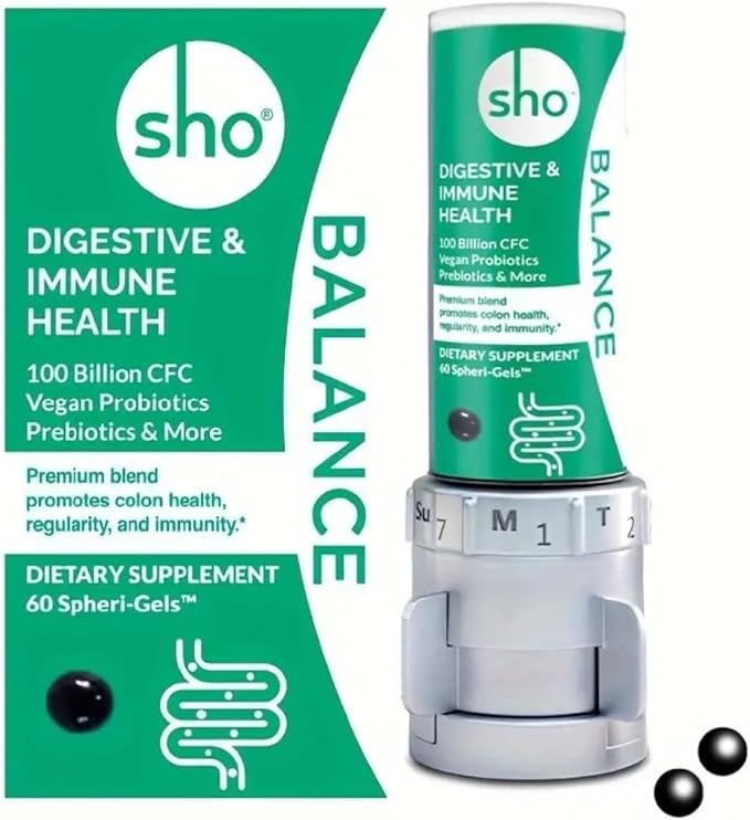 SHO Balance 100 Billion CFU Prebiotics & Probiotics for Digestive Health, Gut Health Vegan Supplement for Women & Men, Lactobacillus Casei, Shelf Stable 60 Softgels with Dispenser