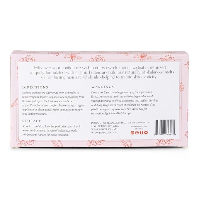 Femallay Organic Vaginal Moisturizing Suppository Melts - 100% Natural Suppositories for Vaginal Odor and Dryness Relief, Ultra-Hydrating Fast-Acting Comfort (Vanilla Rose)