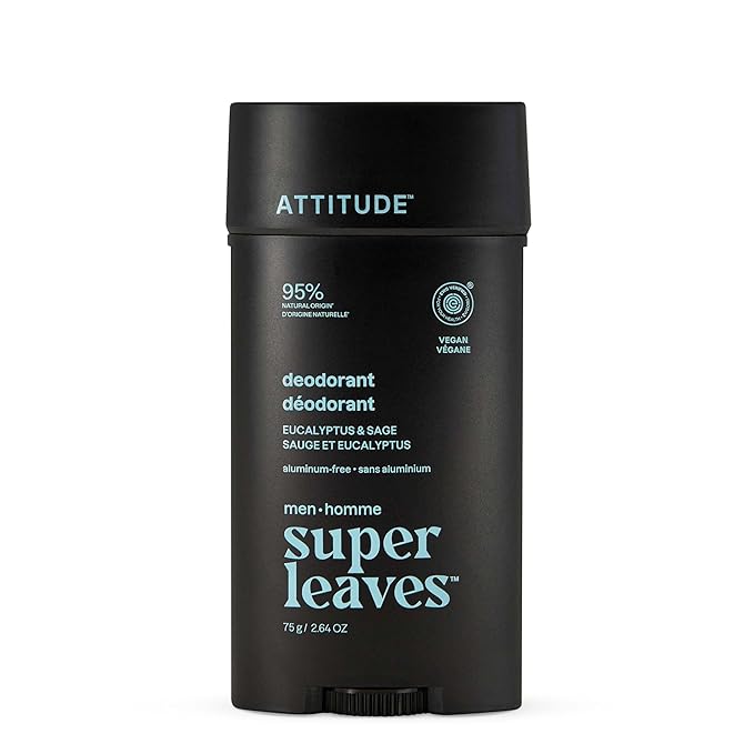 ATTITUDE Aluminum-Free Deodorant for Men, 95% Natural Origin Ingredients, EWG Verified, Plant Based Odor Control, With Baking Soda, Eucalyptus & Sage, 2.64 Oz