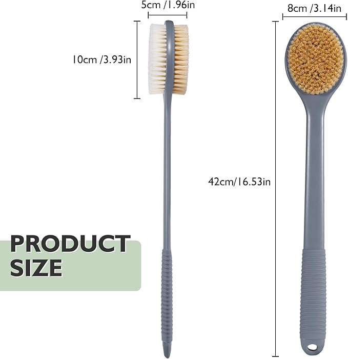 VANZAVANZU 17 Inch Back Scrubber for Shower, Anti-Slip Long Handle Shower Brush with Soft and Stiff Bristles, Exfoliating Bath Brush for Wet or Dry Brushing (Gray)