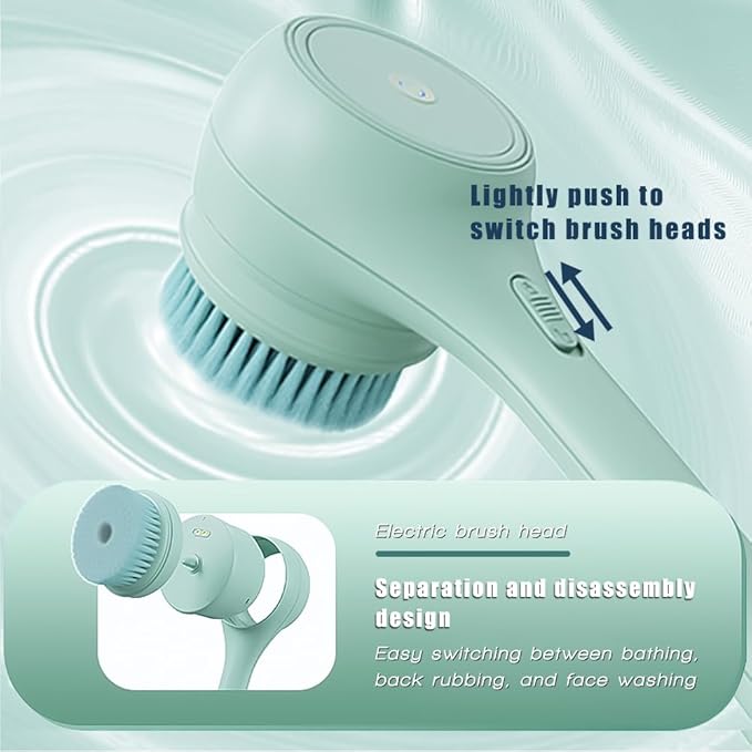 Electric Body Brush Back Scrubber for Shower, Ipx7 Waterproof Back Scrubber for Shower, Auto Spinning Exfoliating Massage Bath Brush RechargeableRotating Body Brushes with 5 Brush Heads