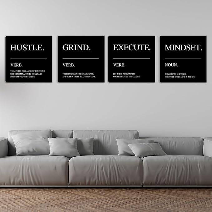 Inspirational Canvas Wall Art Quotes Motivational Hustle Wall Decor Office Print Pictures for Men Wall Decor Poster Framed Artwork Home Decor Ready to Hang 20"x20"x4pcs