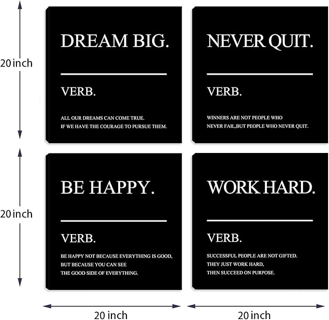 Motivational Canvas Framed Wall Art - Inspirational Office Decor Quotes Poster Picture Artwork Painting Prints for Bedroom Living Room Home Decorations 20"x20"x4pcs
