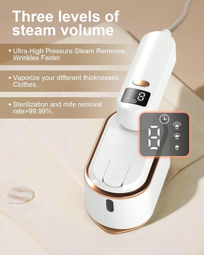 Travel Steamer Iron for Clothes - 1200W Handheld Size Portable Travel Steamer, 3 Steam Levels Clothes Steamer with LCD Screen, 10S Fast Heat-up Steamer for Dress Shirt Home Travel (White)