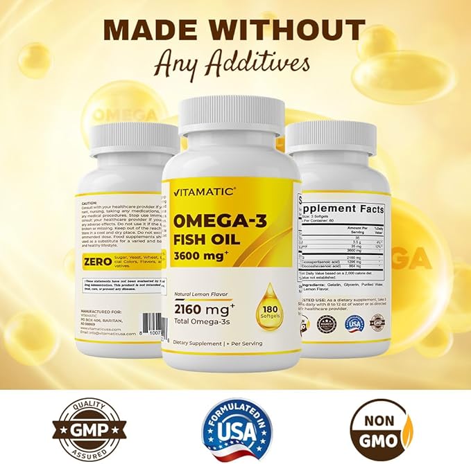 Vitamatic Triple Strength Omega 3 Fish Oil 3600mg Per Serving, 2160mg Omega 3 Fatty Acids, 1296mg EPA + 864mg DHA, Burpless Lemon Flavor, 180 Softgels