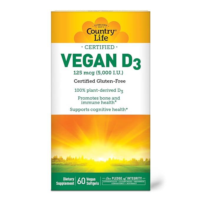 Country Life Vegan D3 5000 IU – Plant-Derived Vitamin D3 from Lichen – High Potency Immune & Bone Support – Certified Vegan, Gluten-Free, Non-GMO – 60 Softgels