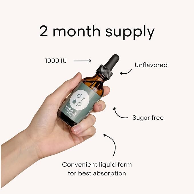 Vitamin D3 + K2 Drops with 1000 IU of Plant Based D3 and 45 mcg of K2, 2 oz Liquid Supplement for Bone Strength, Improved Mood - No Artificial Preservatives, Unflavored, with Coconut MCT Oil