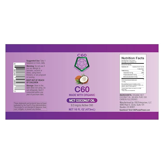 C60 Purple Power Organic MCT Coconut Oil, Organic Cold-Pressed Coconut Oil, 99.99% Pure C60 Carbon Fullerenes (16 oz)