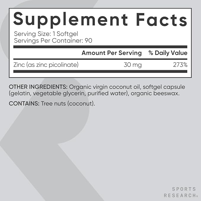 Sports Research® Zinc Picolinate 30mg with Organic Coconut Oil - Zinc Supplement for Healthy Immune & Enzyme Function - Non-GMO Tested & Gluten-Free - 90 Liquid Softgels