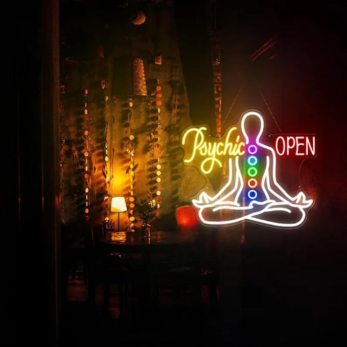 Psychic Open Neon Sign Charka Neon Light, Yoga Led Sign, Exercise Room Wall Decor, Buddha Lotus, Pilates Studio Art Meditation Room Wall Art Yoga Lover Gift, Psychic Chakras Healing Exercise