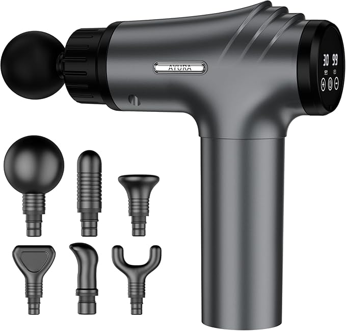 AYURA Massage Gun, Deep Tissue Percussion Muscle Massager Gun, Handheld Back Massager for Pain Relief, Electric Massager with 30 Speeds and 6 Heads for Athletes Men Women