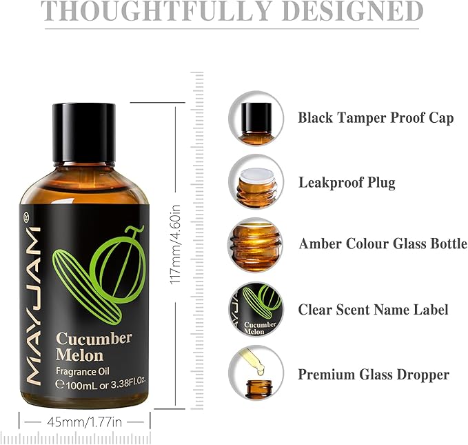 100ML/3.38FL.OZ Cucumber Melon Fragrance Oils with Glass Dropper, Essential Oils for Diffusers for Home, Long Lasting Scented Oils for Diffusers Soap Candle Making