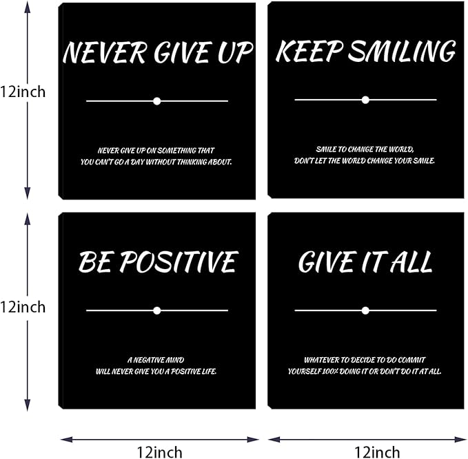 Motivational Poster Wall-Decor Black Inspirational Wall Art Office Wall Decor 4 Piece Positive Framed Canvas Wall Art for Bedroom Living Room Art Prints Decorations 12"x12"x4pcs